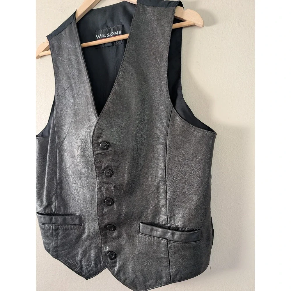 Wilsons Mens M Black Leather Button Front Vest Steampunk Biker Moto Edgy Vintage